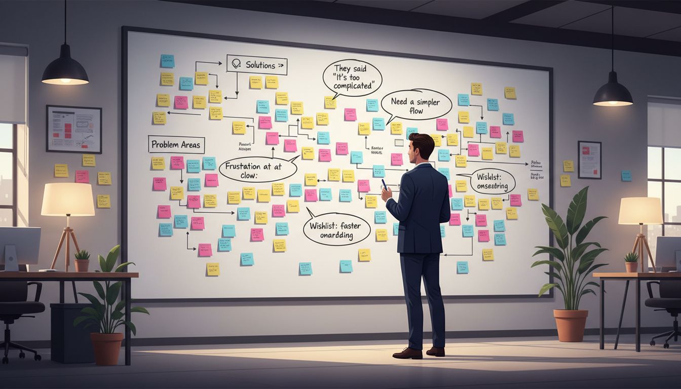Founder mapping out customer research on a whiteboard covered in sticky notes and user interview data