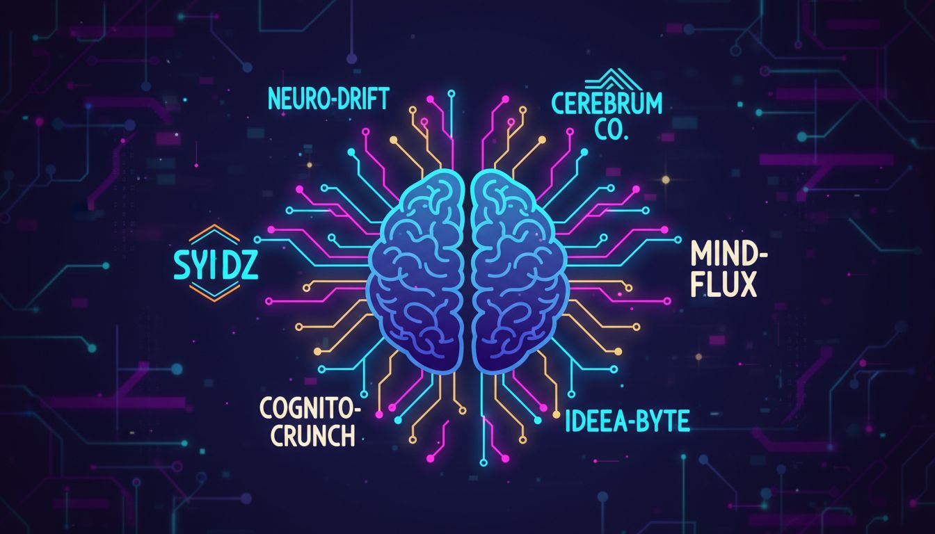 Illustration of a brain connecting to quirky startup name logos, representing memory and brand strategy