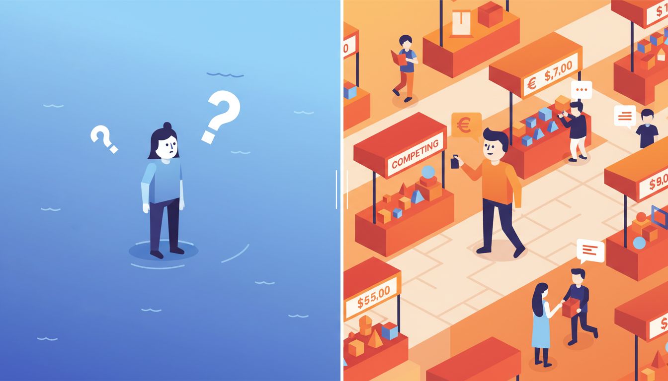 Split illustration comparing a founder lost in a blue ocean market versus a founder thriving in a competitive marketplace