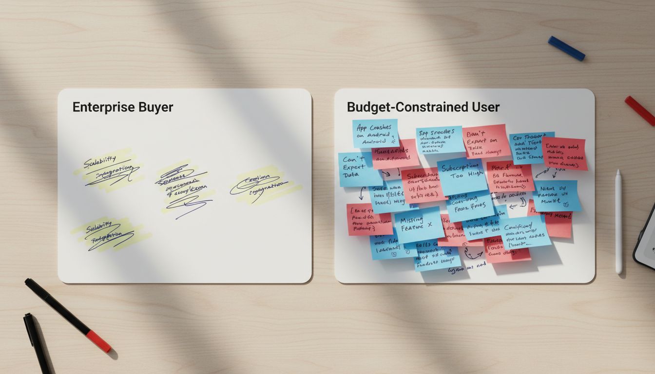 Side-by-side comparison of enterprise buyer feedback versus cash-constrained user feedback showing stark contrast in specificity