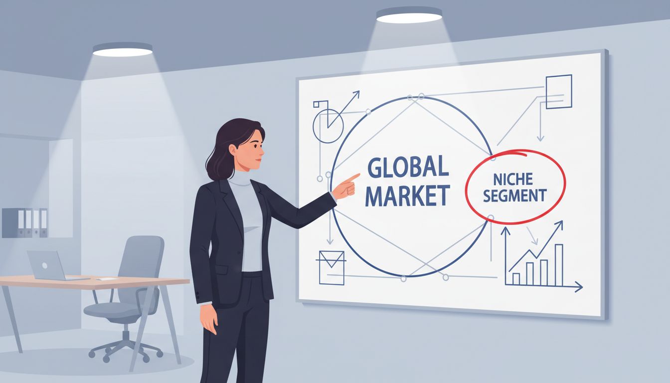A startup founder at a whiteboard circling a small target market within a larger addressable market diagram