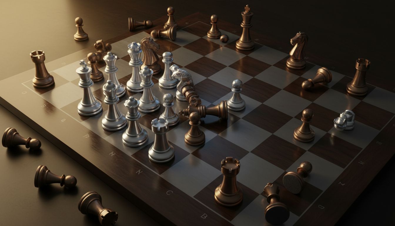 Chess board showing strategic domination of a small corner versus scattered pieces across the full board