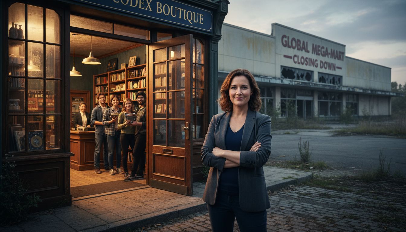 A small niche shop thriving while a massive empty store sits unused in the background, representing the power of small market dominance