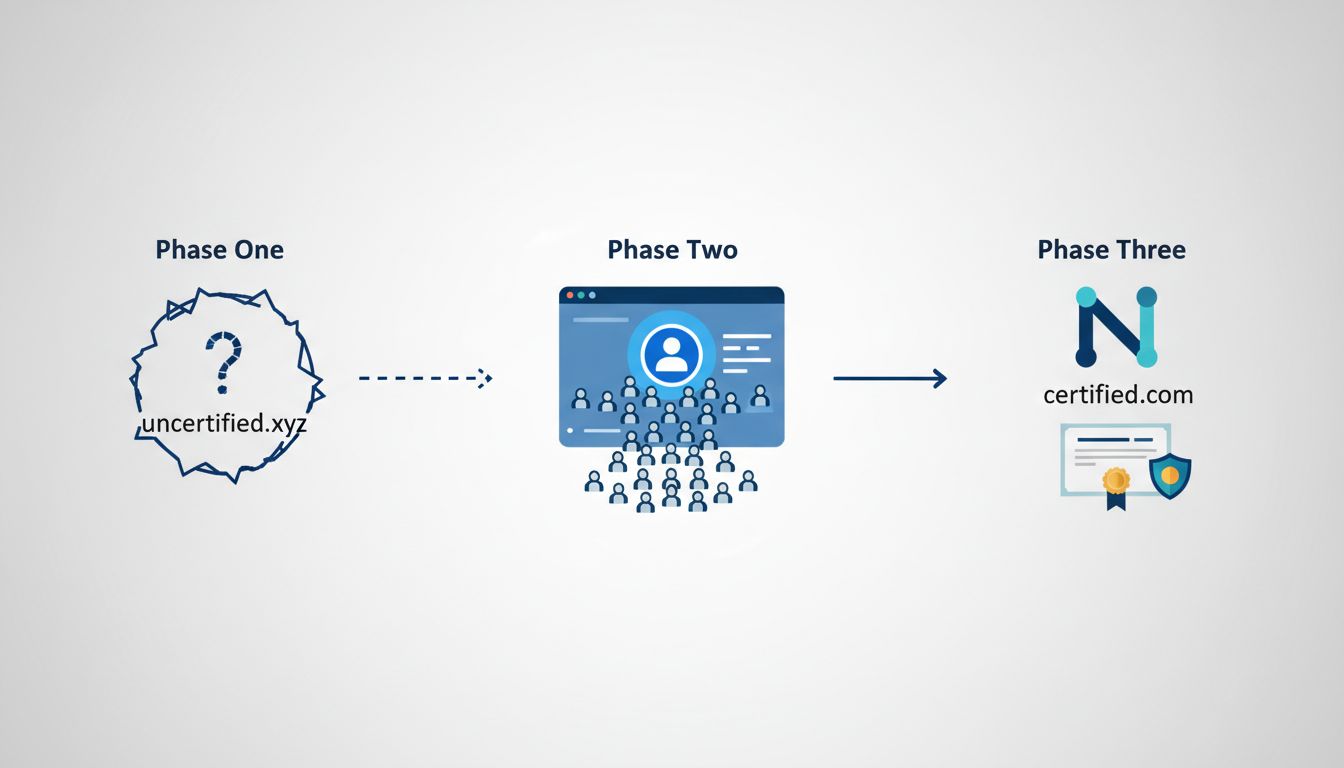 Timeline diagram showing how startups move from placeholder domain to real brand after achieving product traction