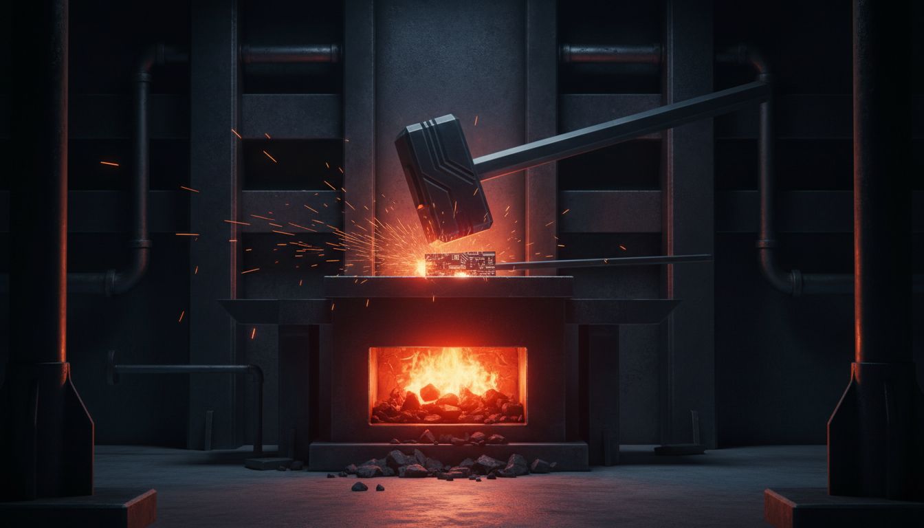 A blacksmith forge shaping metal under intense heat, representing how wrong markets forge stronger products