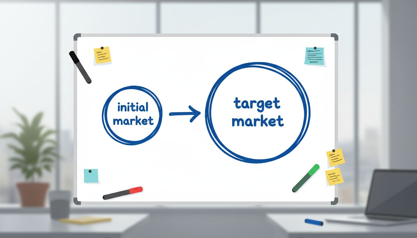 Whiteboard diagram showing a small niche market connecting via arrow to a large target market