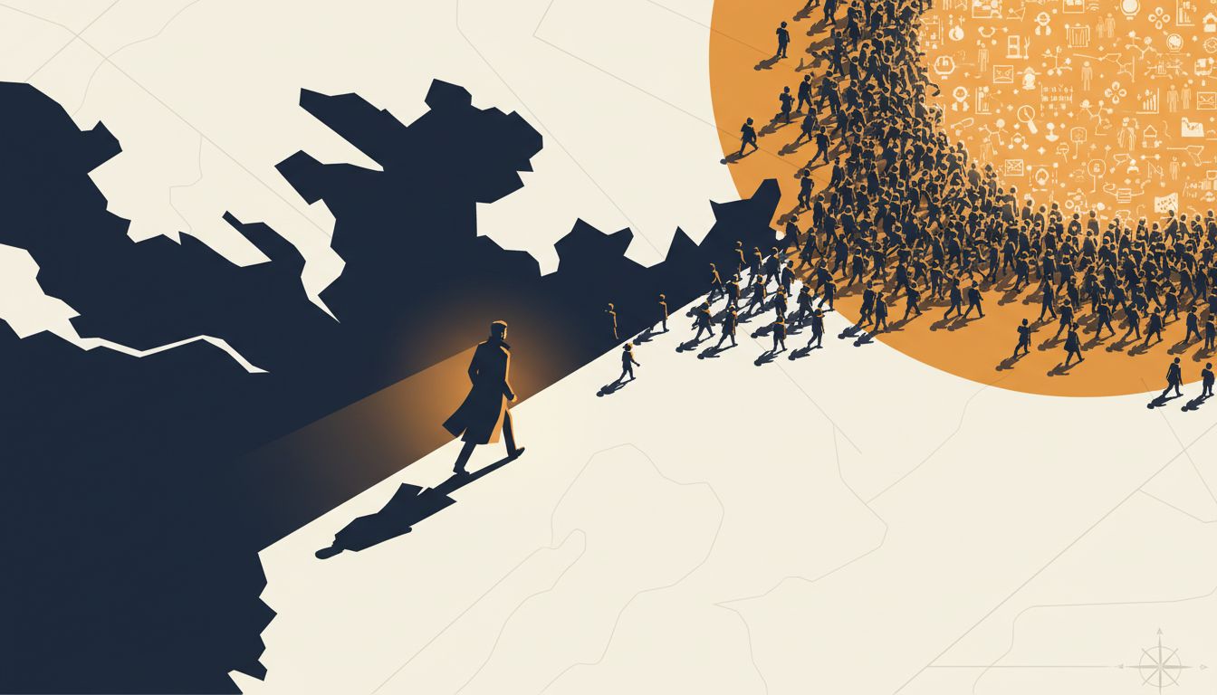 Illustration of a lone figure heading toward uncharted dark territory on a map while crowds move toward the well-lit, crowded area