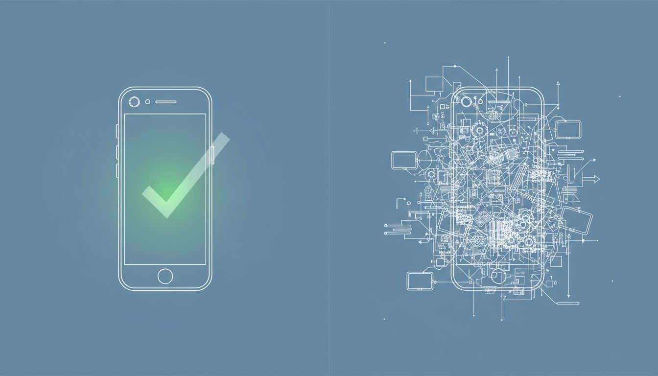 A simple minimal product wireframe marked as successful next to an over-engineered complex version