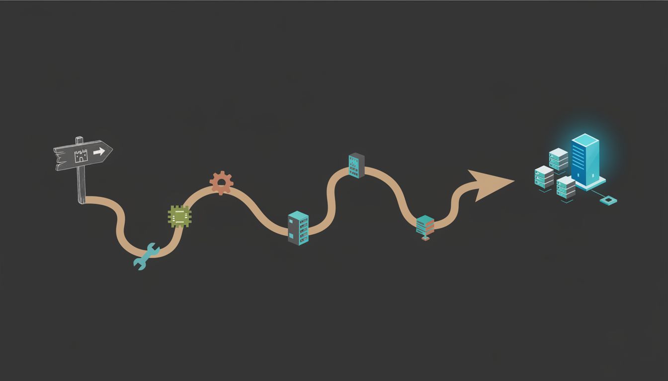 A winding path leading to an unexpected destination, with tools along the route foreshadowing what the journey produces