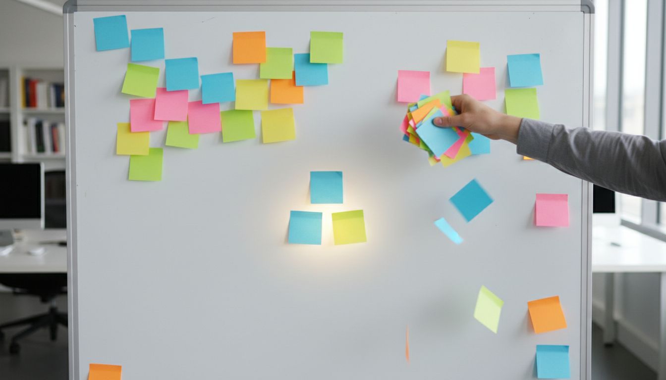 Whiteboard with sticky notes being removed to reveal a minimal core feature set