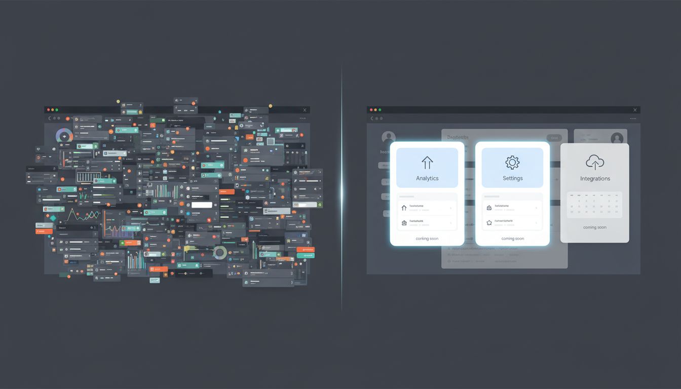 Comparison between an overcrowded product dashboard and a clean minimal dashboard with only core features active