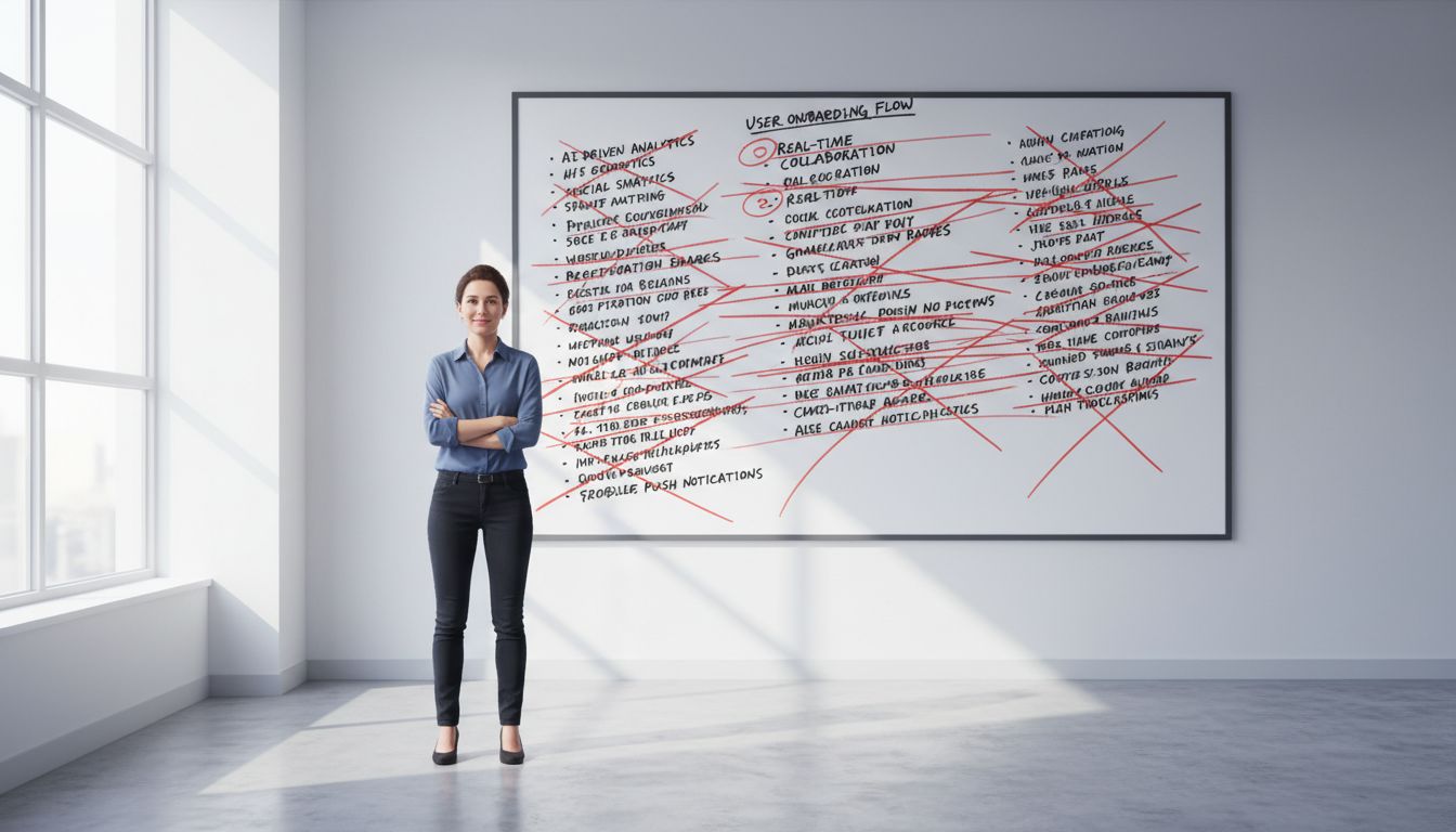 A startup founder standing in front of a whiteboard with most feature ideas crossed out, showing deliberate product minimalism