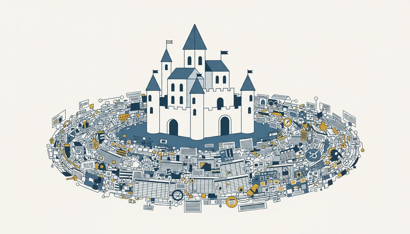 Illustration of a castle surrounded by a moat filled with organizational charts and bureaucratic structures