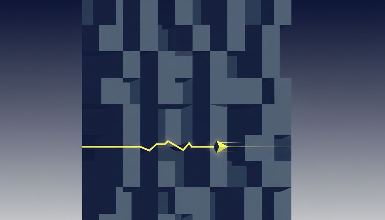 A small geometric shape targeting the single structural weak point in a massive, otherwise solid monolith