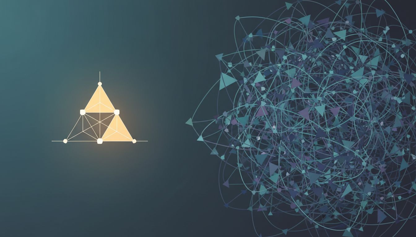 A small tightly connected cluster of nodes contrasted with a large tangled web of connections