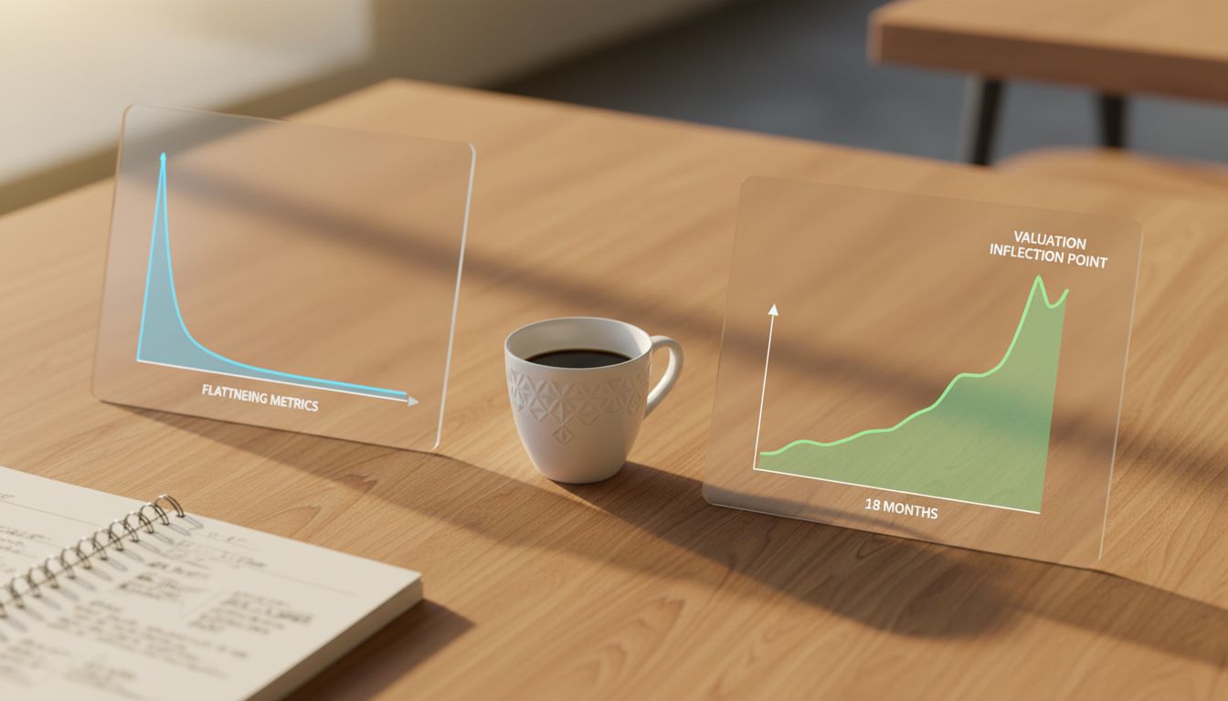 Two fundraising trajectory graphs on a desk showing the difference between raising early versus waiting 18 months