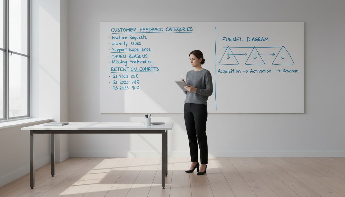 A startup founder reviewing customer feedback data and retention metrics on a whiteboard