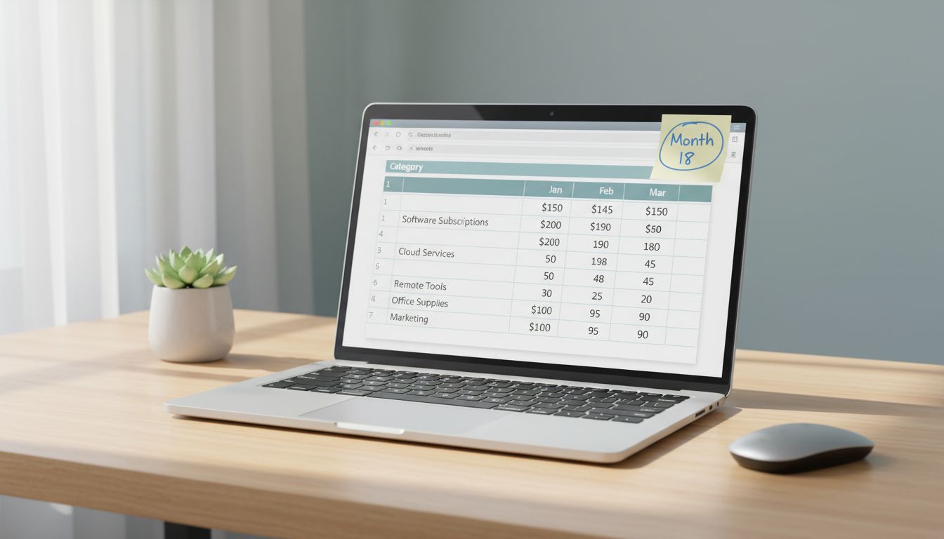 A founder's desk showing conservative monthly burn rate tracking and a month 18 fundraising target noted on a sticky note