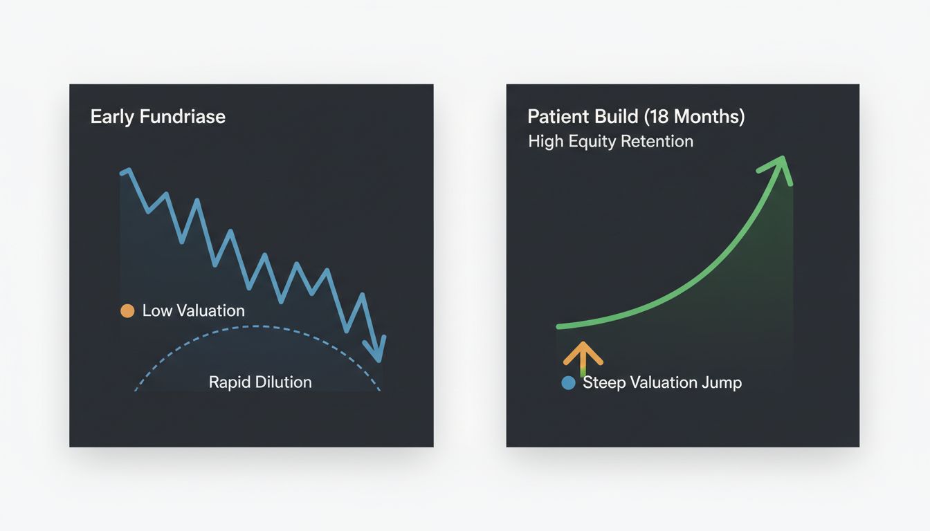 Two startup fundraising trajectories compared side by side showing valuation and equity retention over time