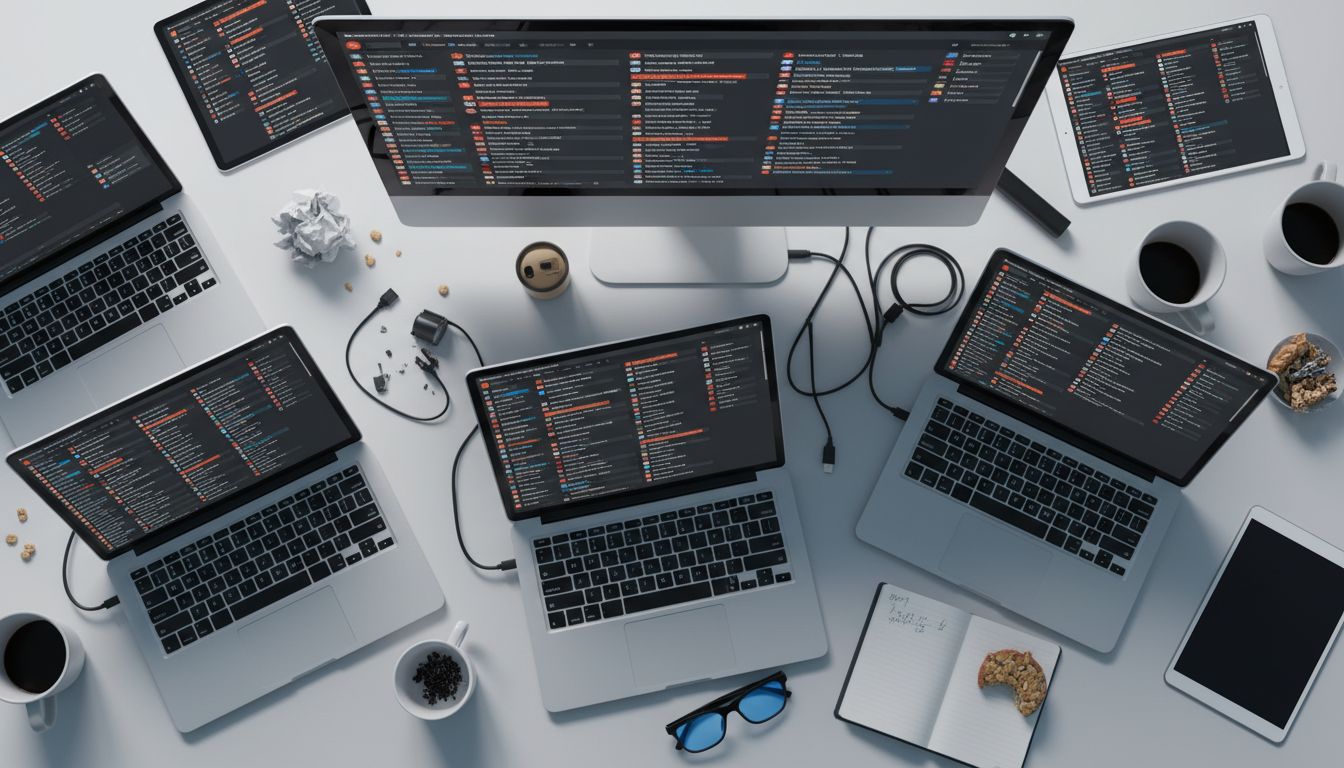 Overhead view of multiple screens showing dozens of open chat windows with notification badges
