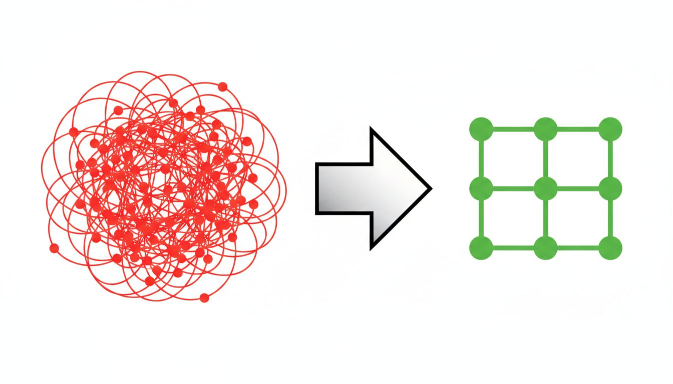 Diagram showing communication channel reduction from many tangled nodes to a clean minimal structure