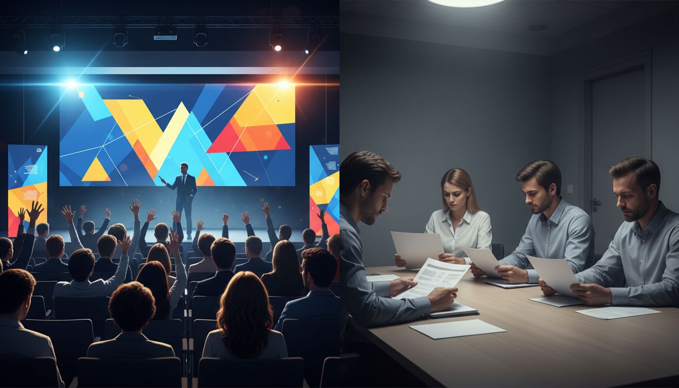 Side-by-side comparison of an energetic presentation meeting versus a quiet document-reading meeting format
