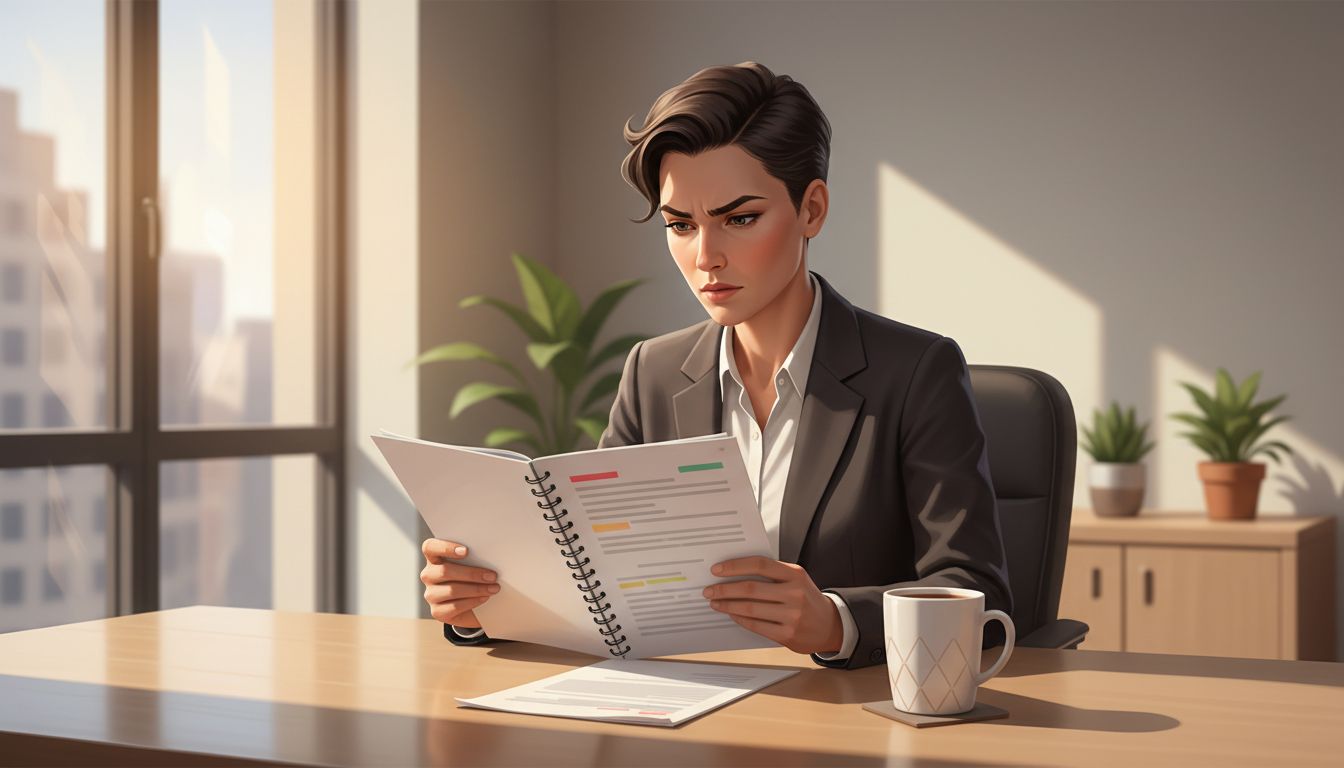 A tech executive reading a printed pre-read document at a quiet desk before an important meeting