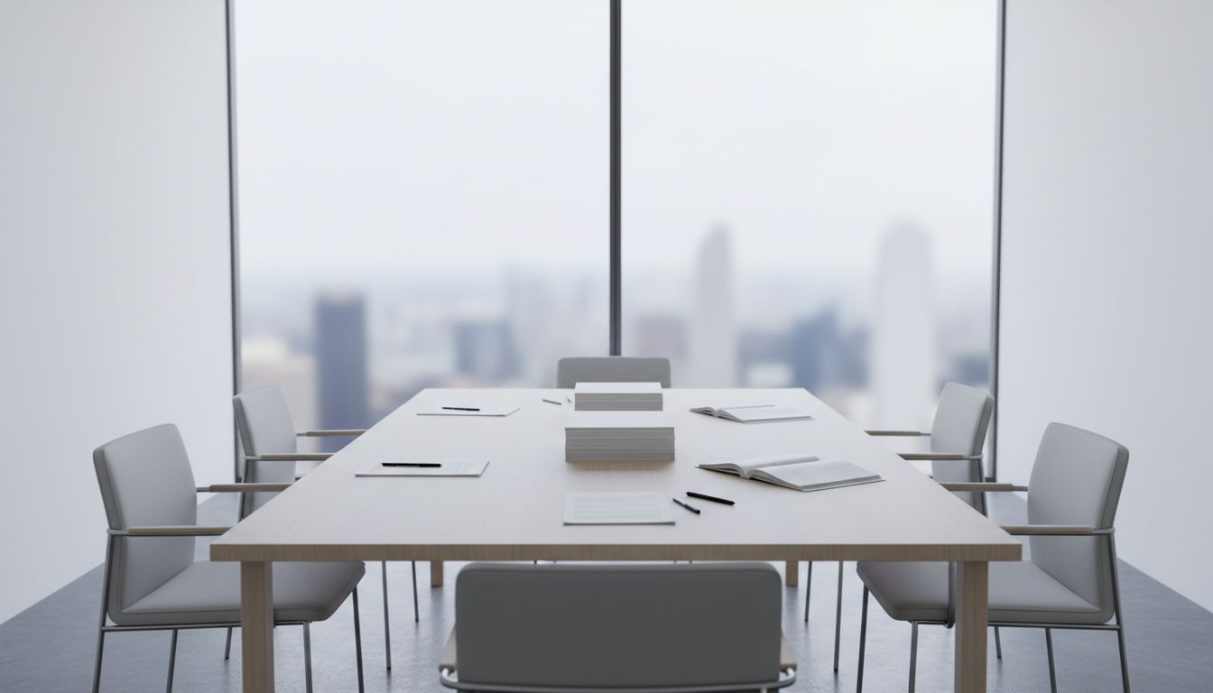 A plain, minimalist conference room with no screens, simple furniture, and printed documents on the table