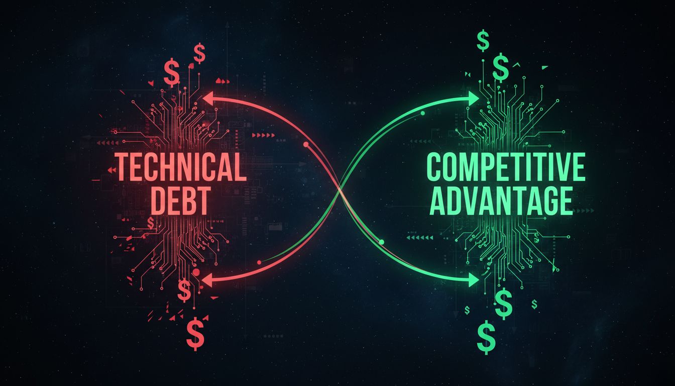 Balance sheet illustration showing the tradeoff between technical debt and competitive advantage
