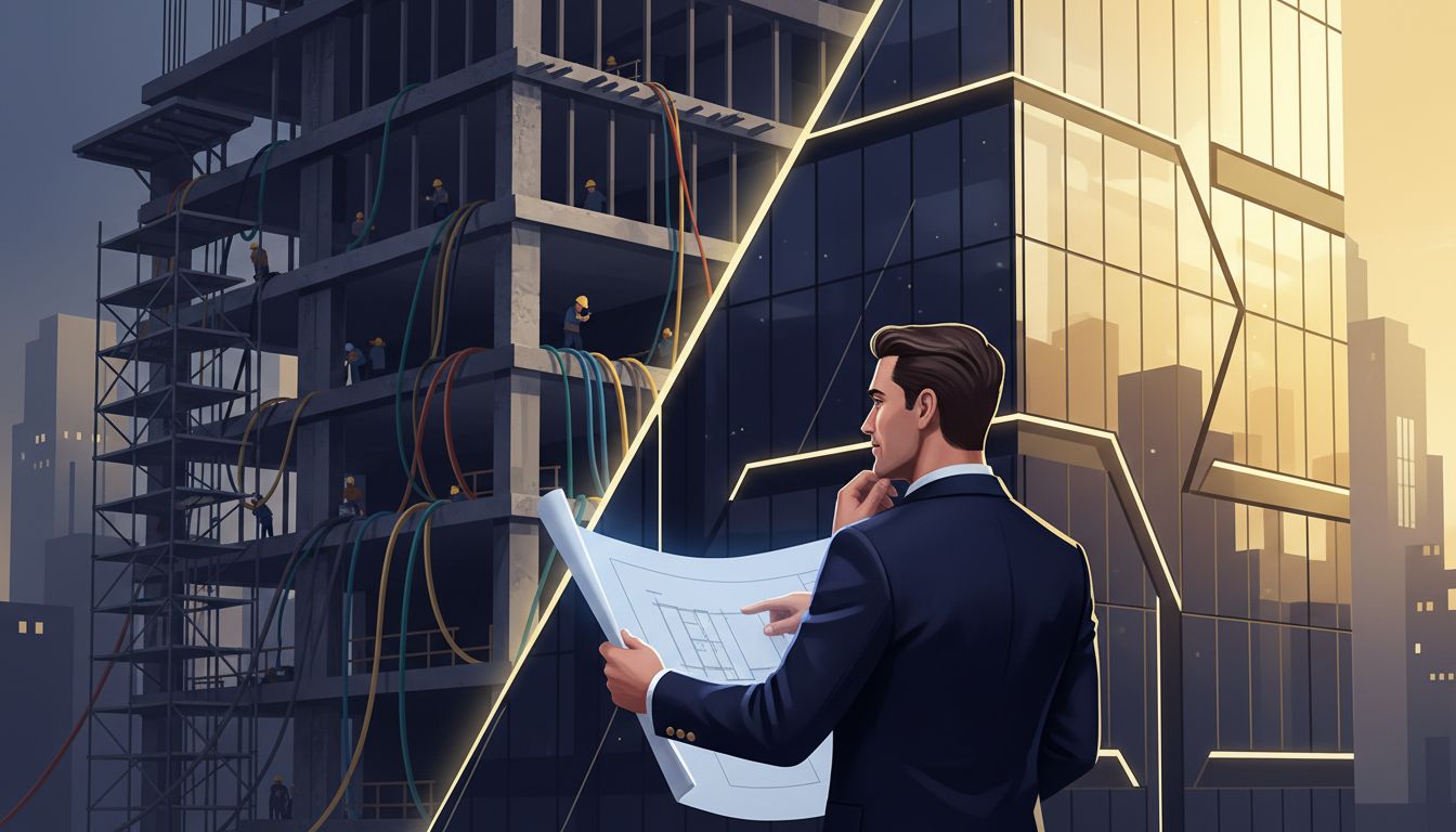 A building under construction representing the dual nature of strategic technical debt in successful tech companies