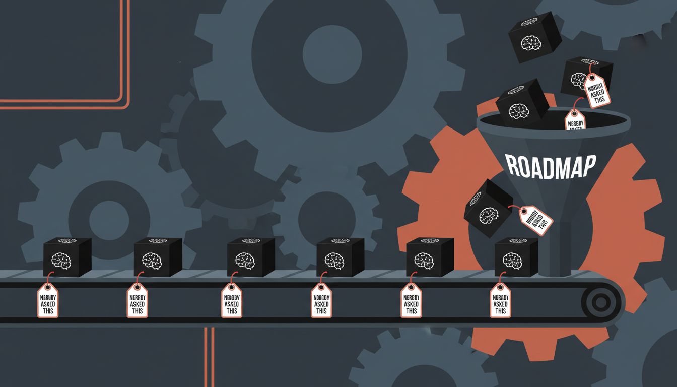 Conveyor belt illustration representing the automated production of AI features driven by competitive pressure rather than user need