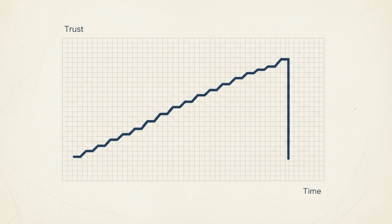 Abstract graph illustrating how AI trust builds slowly but erodes quickly after a single failure