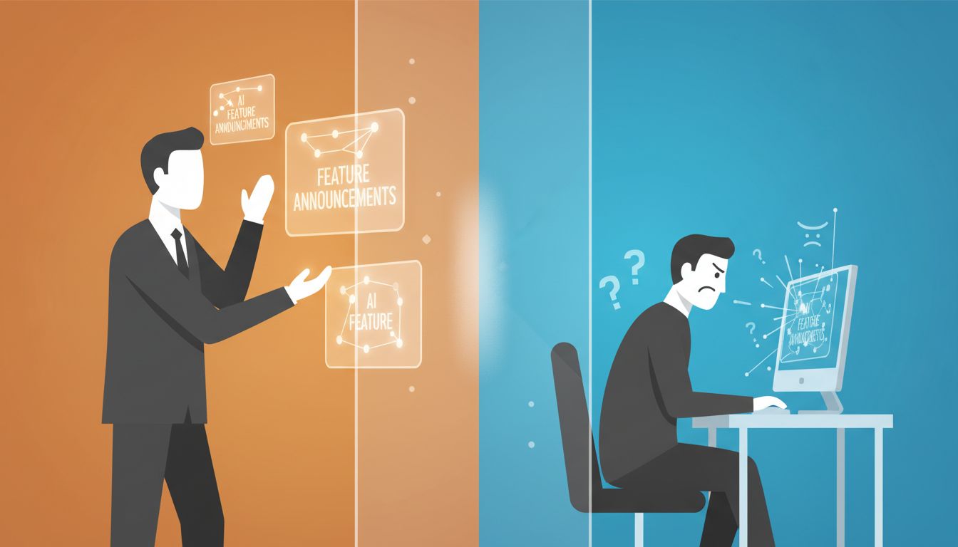 Illustration showing the disconnect between who AI features are built for (investors) versus who uses them (everyday users)