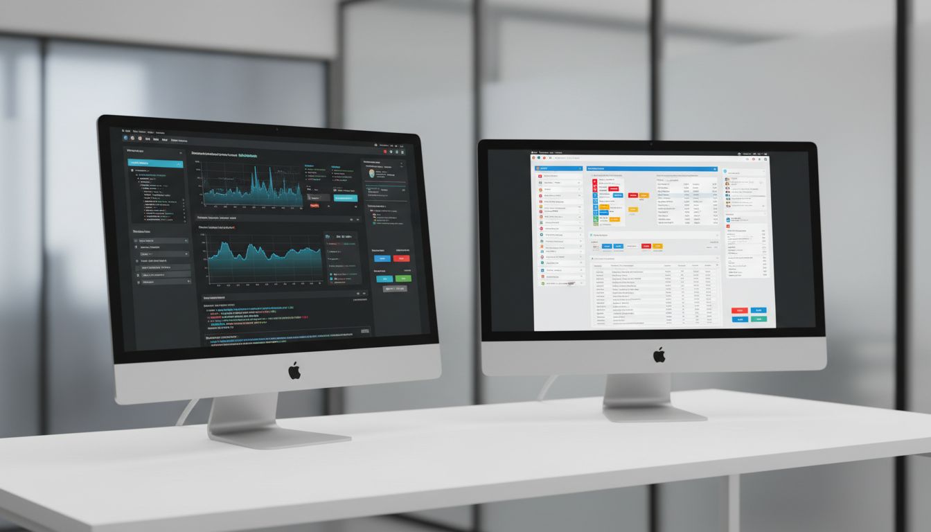 Two monitors showing the contrast between a sleek internal developer tool and a cluttered commercial enterprise software product