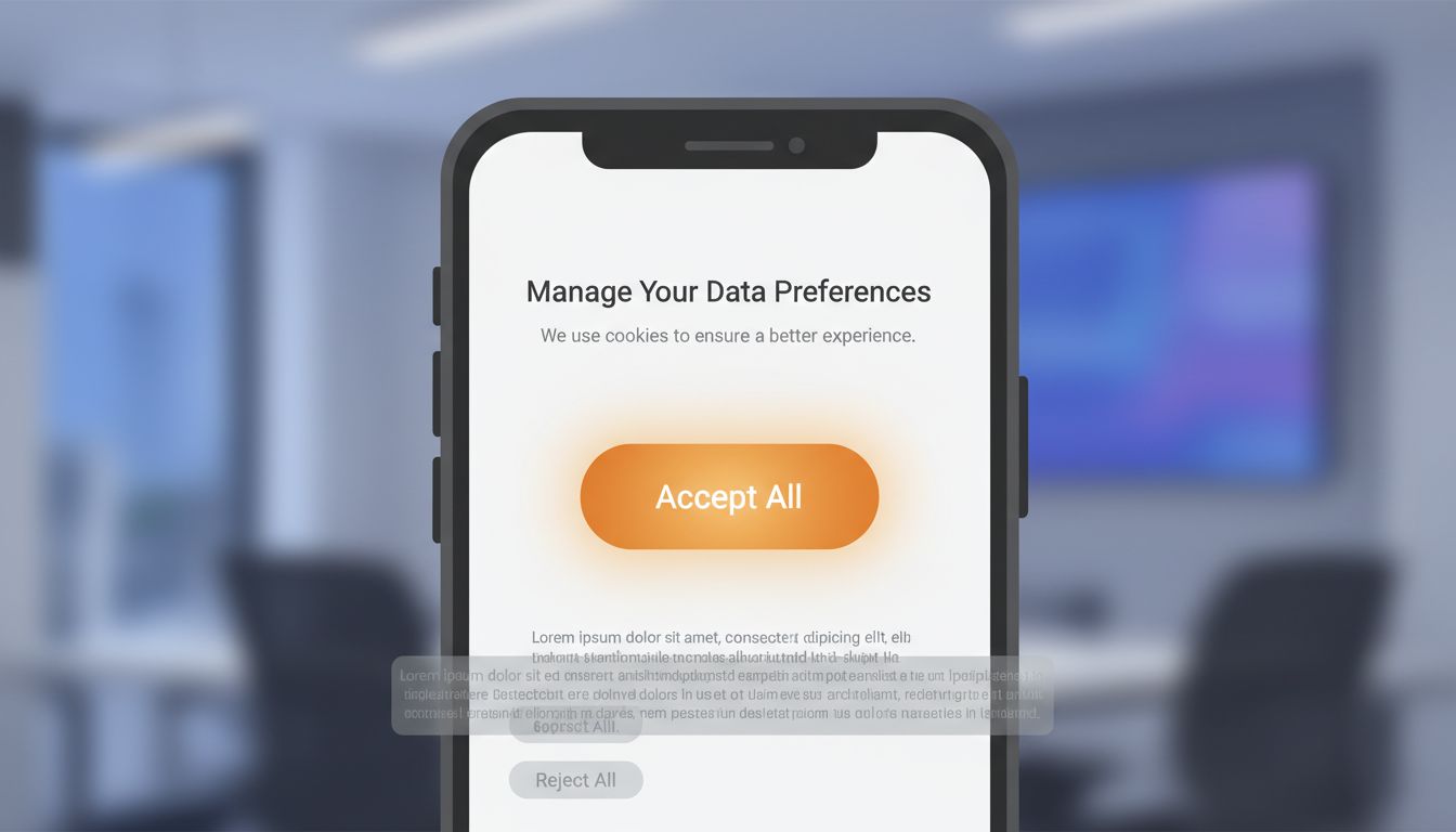 Fictional cookie consent UI showing large Accept button and barely visible Reject option