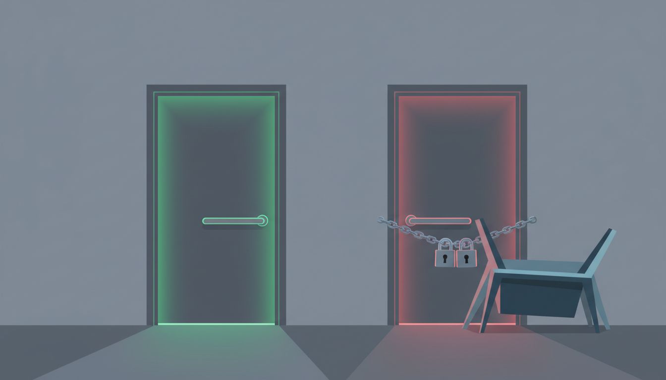 Two doors showing asymmetric friction design: one easy to open, one deliberately obstructed