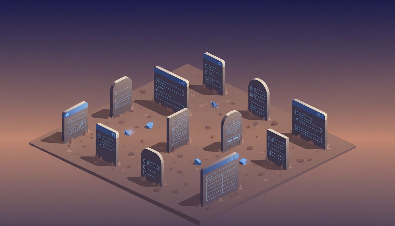 Isometric illustration of a graveyard where tombstones are shaped like product feature cards