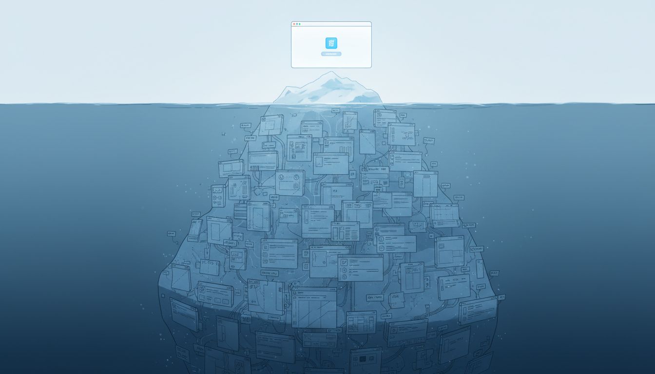 Iceberg diagram showing a single launched product feature above water and dozens of unshipped features below the surface