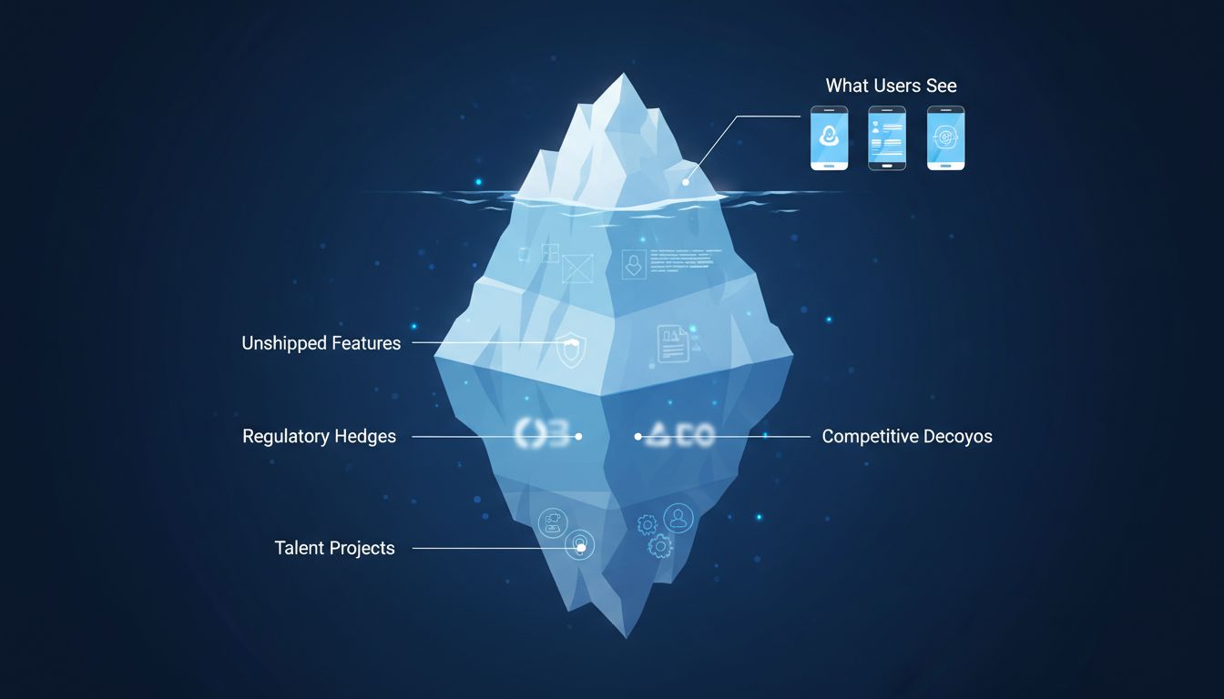 Iceberg diagram showing the small visible portion of shipped software features versus the massive hidden codebase of unshipped features beneath the surface