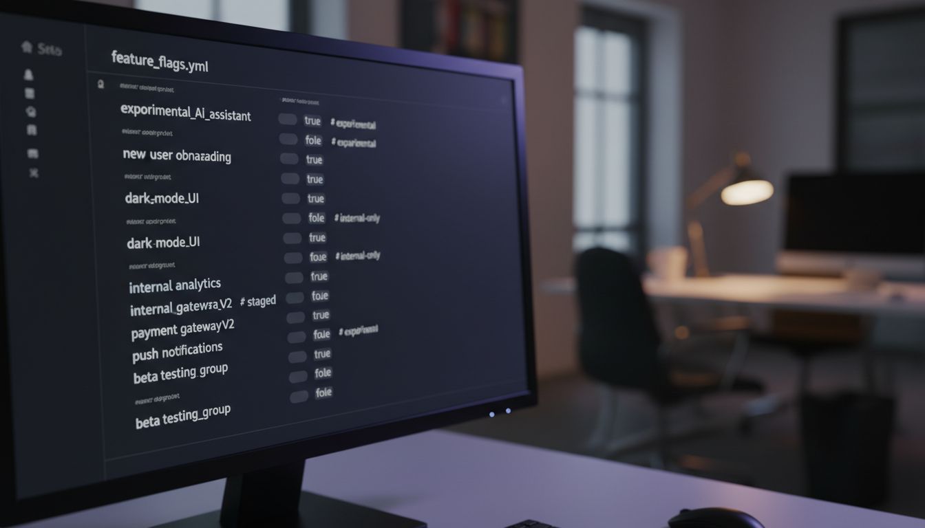 Code editor showing a feature flag configuration file with many features toggled off