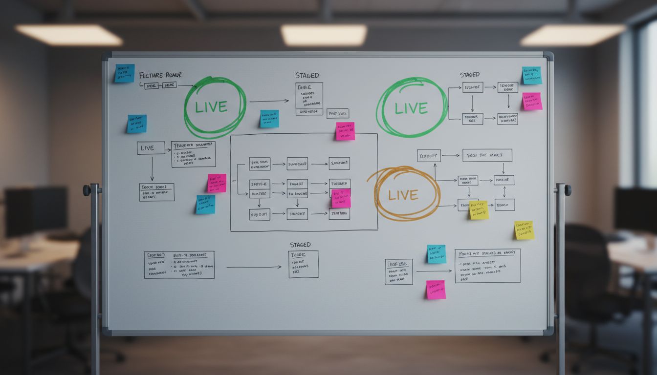 A product roadmap whiteboard showing features marked as live versus staged but unreleased