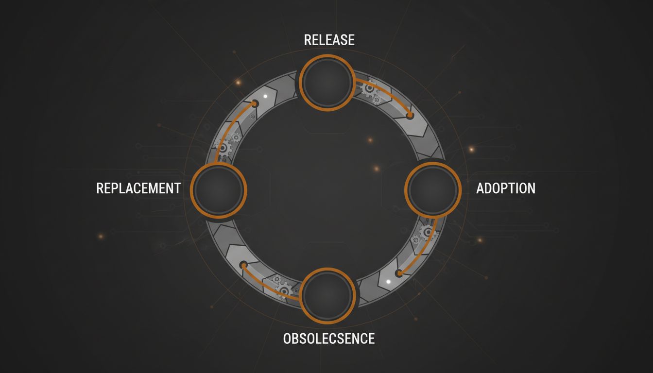 Circular diagram showing the product release, adoption, obsolescence, and replacement cycle as an automated loop