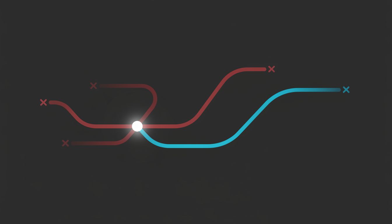 Abstract branching diagram showing multiple product paths, most ending in termination, one continuing forward