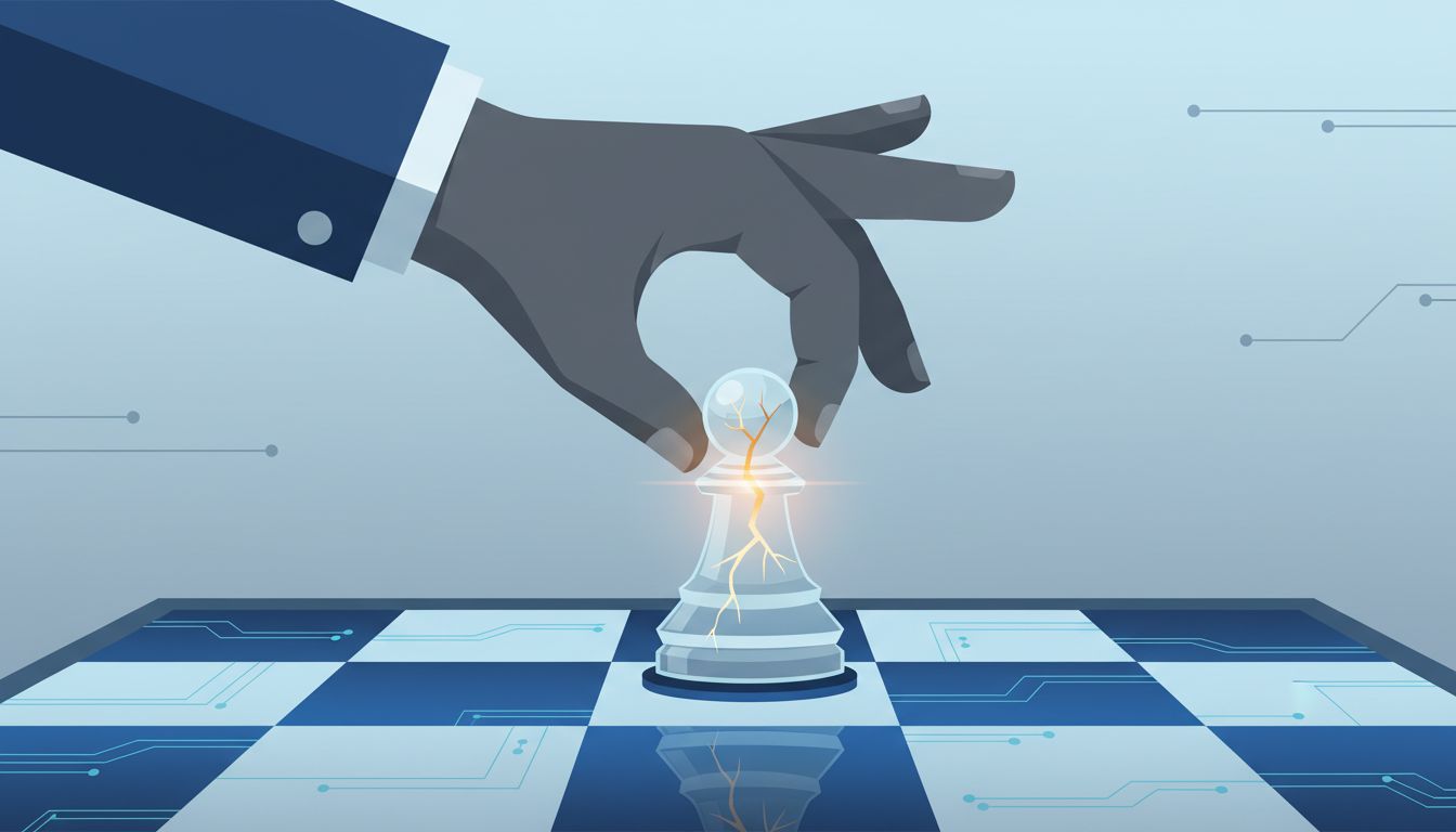 A cracked glass chess piece being deliberately placed on a board, suggesting intentional product obsolescence