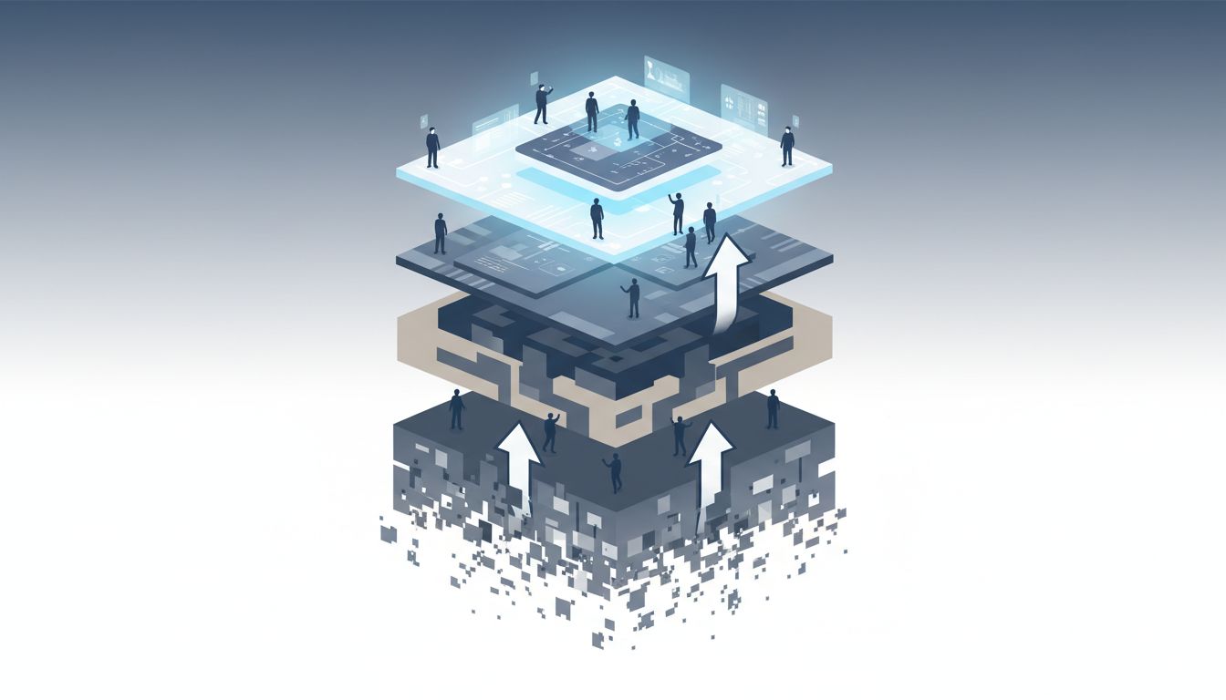 Layered diagram showing technology generations as strata, with older layers degrading while users are pushed upward toward newer products