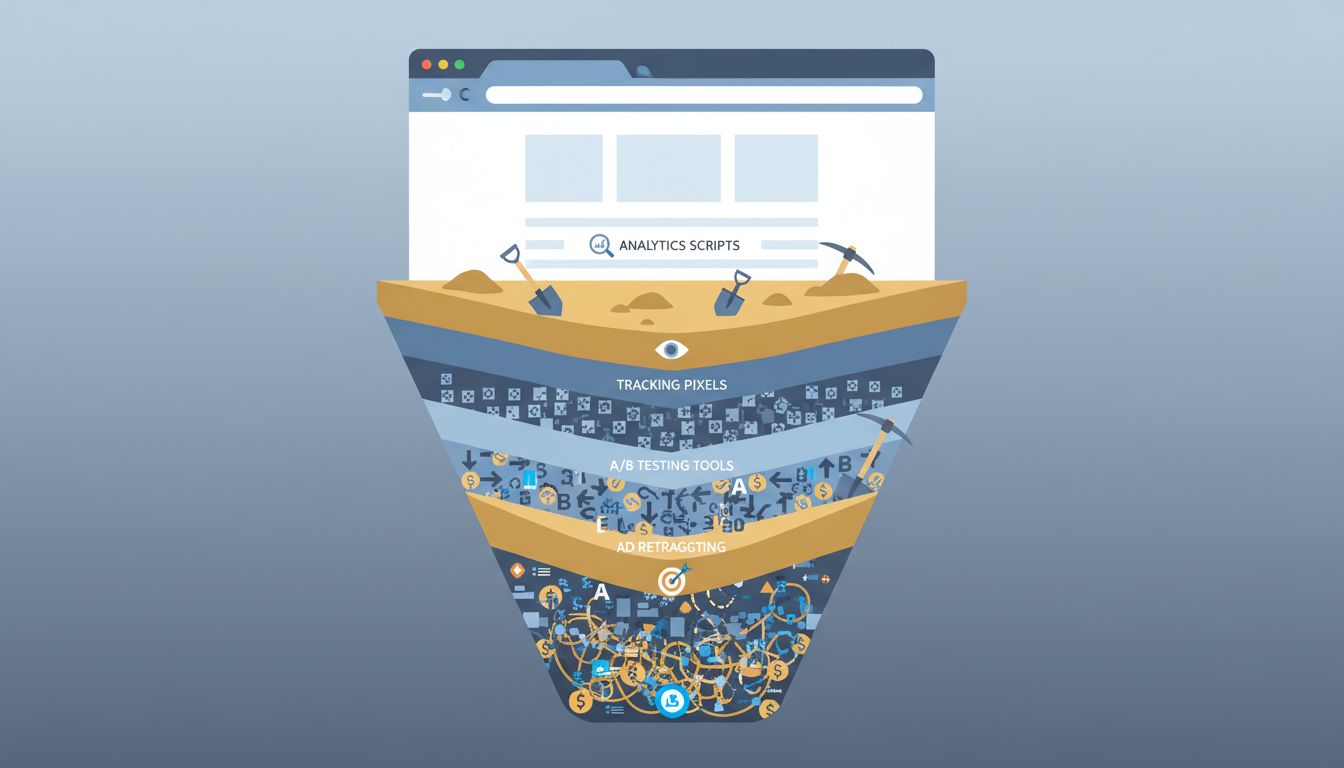Cross-section illustration of a website showing layers of third-party scripts buried beneath a clean surface interface