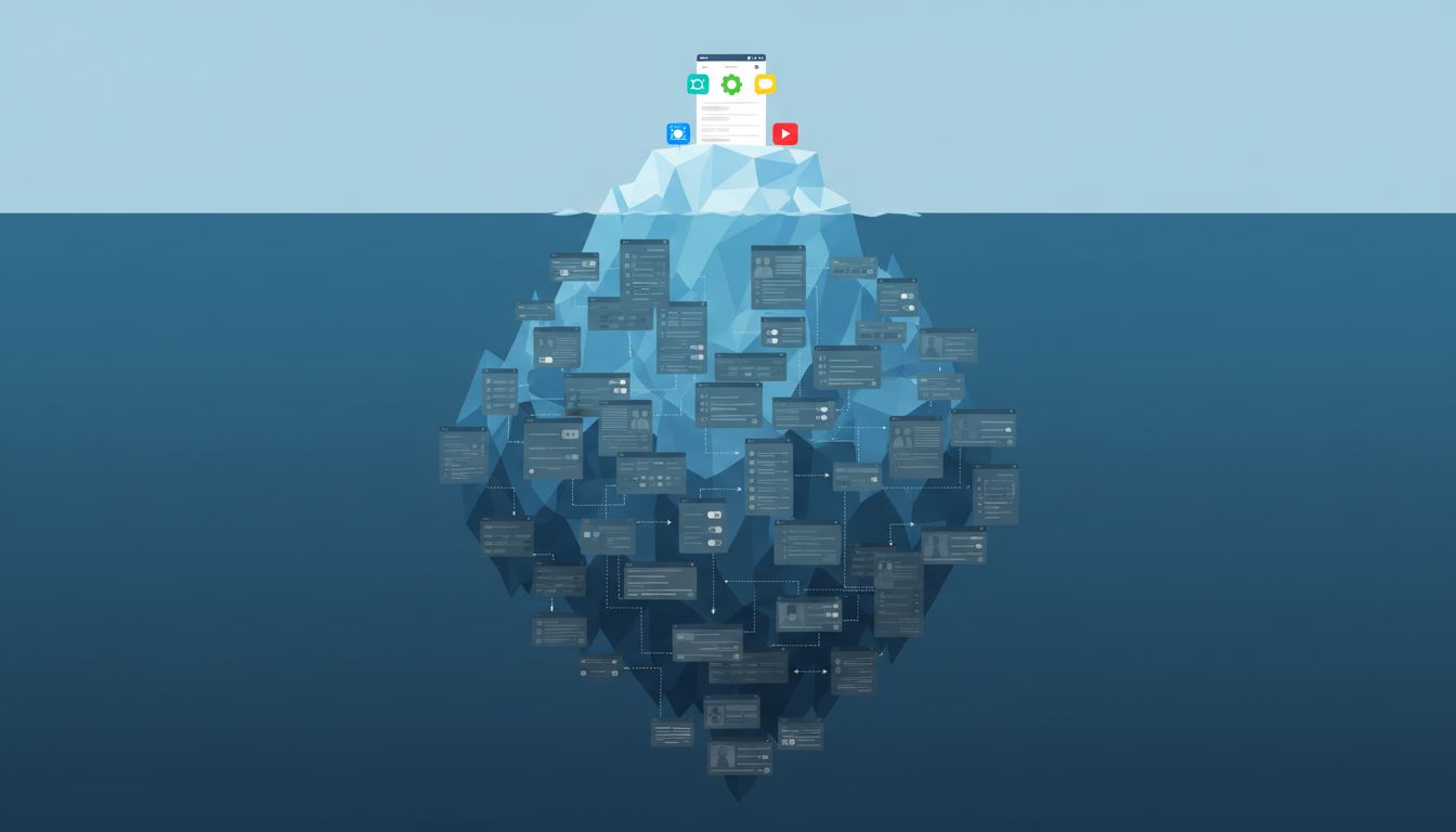 Iceberg illustration where visible tip shows simple app icons and the submerged mass shows dense settings menus