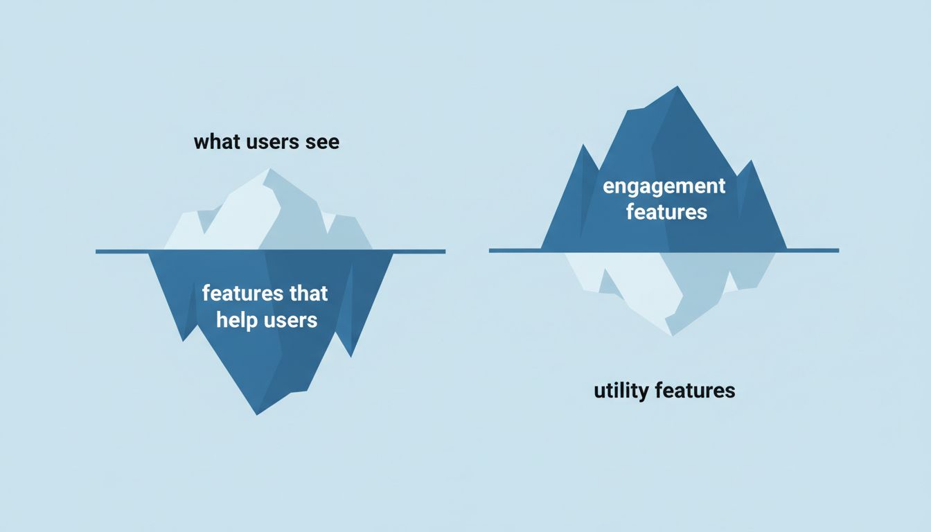 Iceberg diagram comparing the visibility of engagement features versus utility features in software products