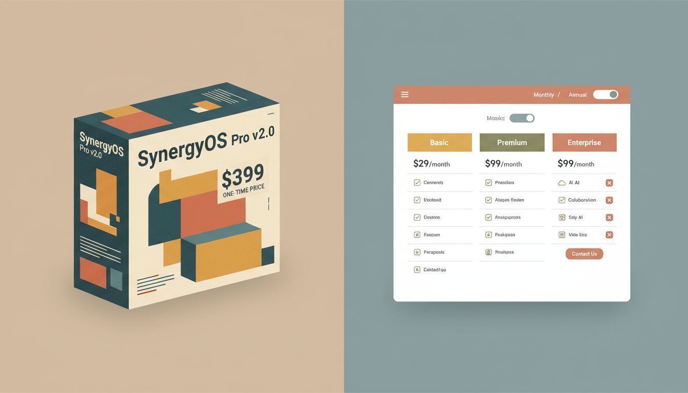 Comparison between old one-time software purchase model and modern subscription pricing tiers