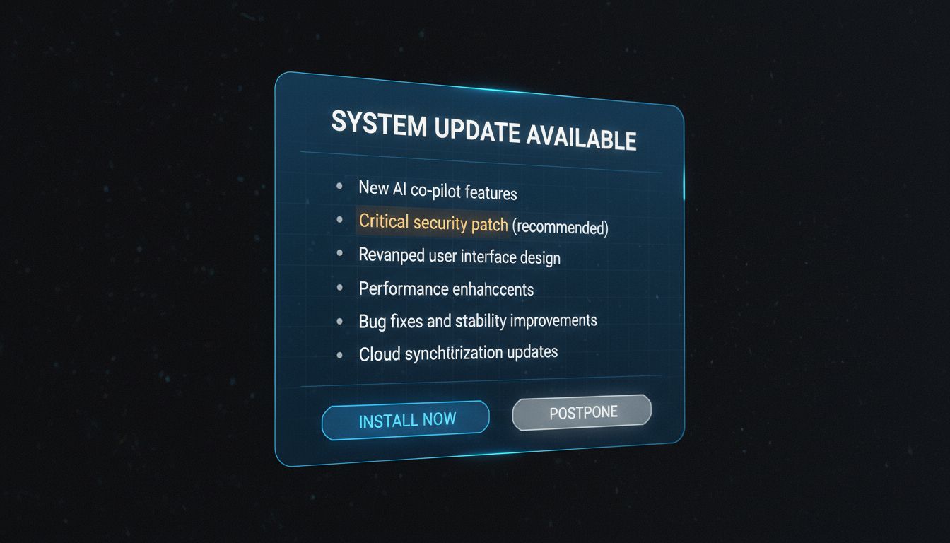 Software update dialog showing a small security patch bundled with many new features
